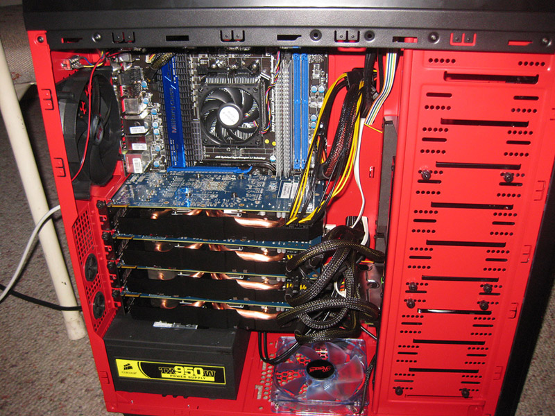 Bitcoin Miner rig with 4 GPUs in a red case